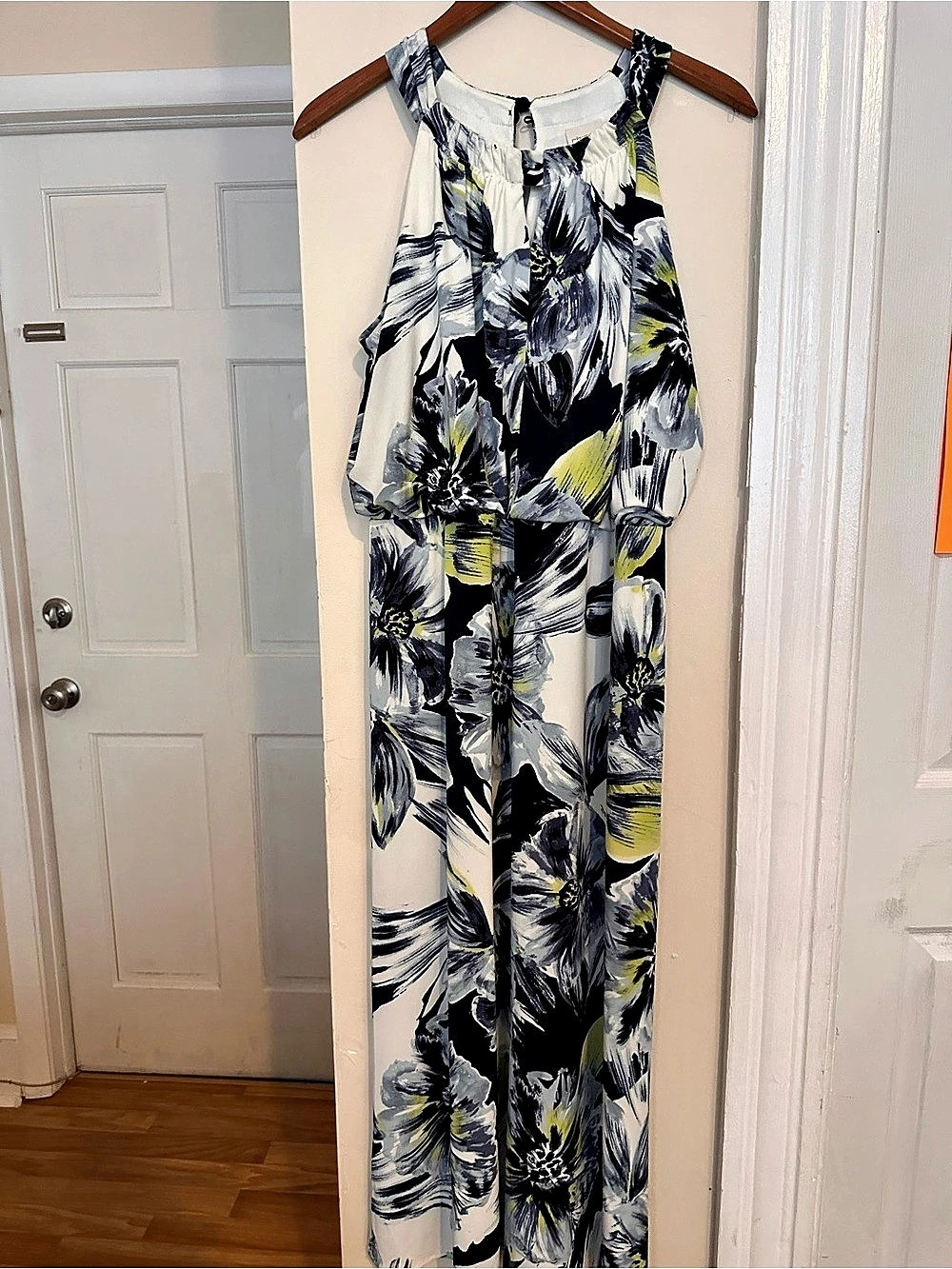 Chico’s Floral Halter Blouson Maxi Dress Navy Yellow Size 2P US 12P Large Petite